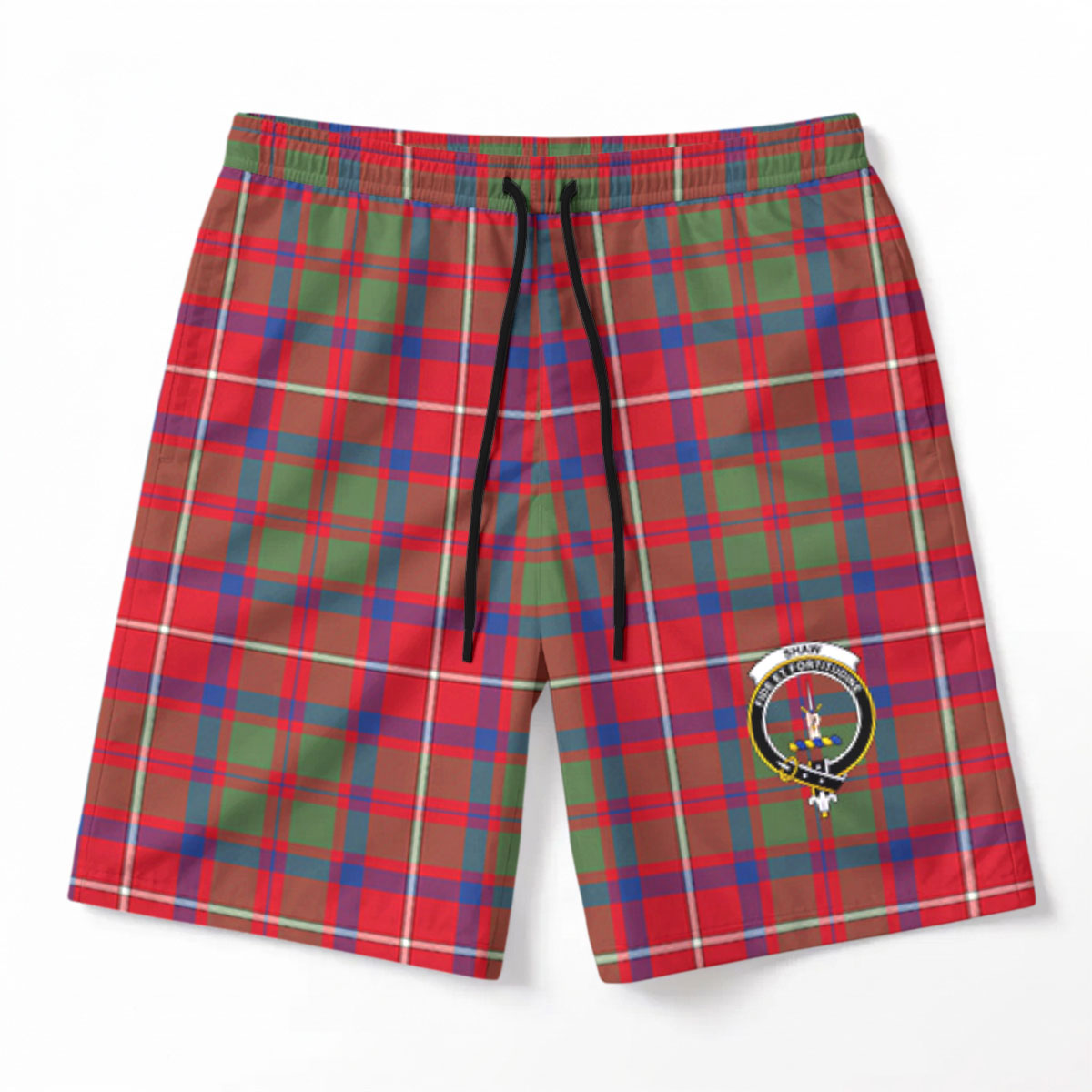 Shaw Red Modern Tartan Crest Men's Beach Shorts