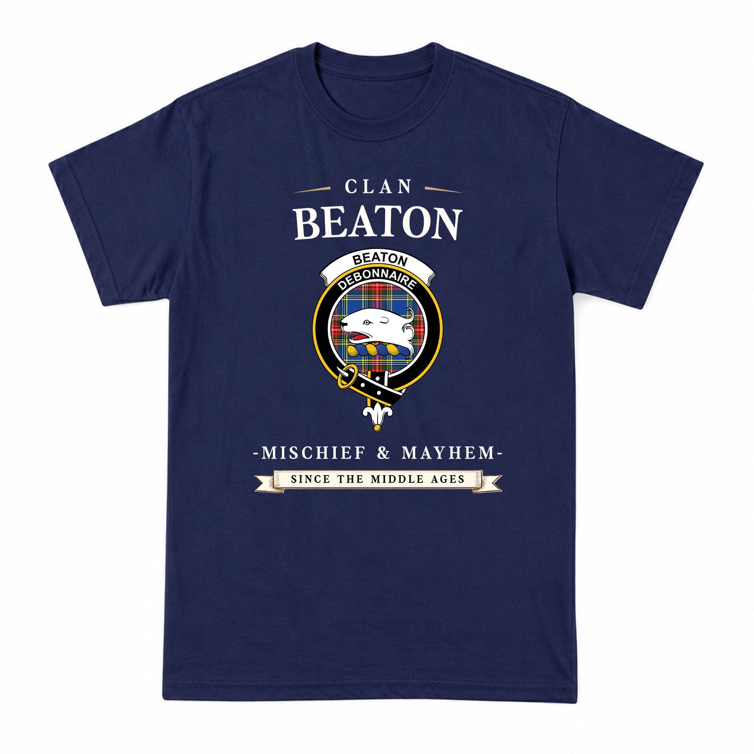 Beaton Modern Tartan Crest Mischief and Mayhem T-shirt