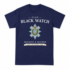 Black Watch Ancient Tartan Crest Mischief and Mayhem T-shirt