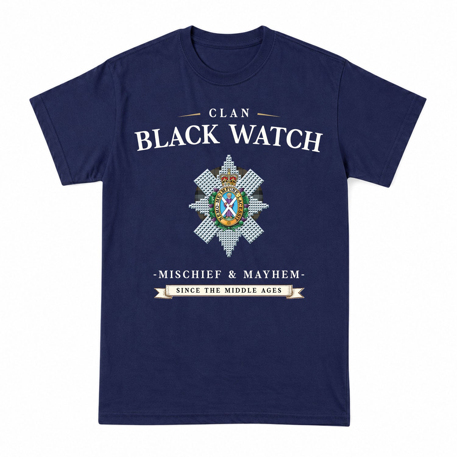 Black Watch Weathered Tartan Crest Mischief and Mayhem T-shirt