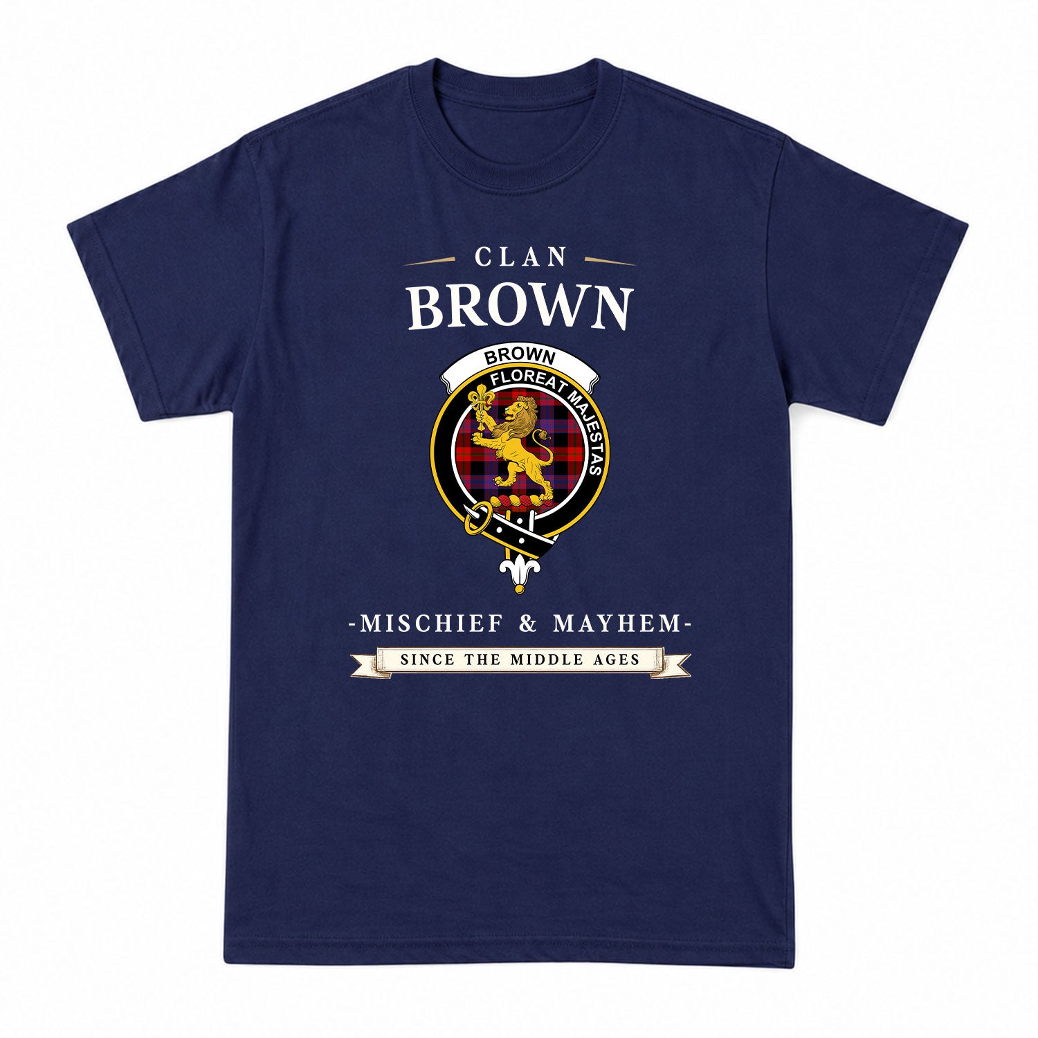 Brown Modern Tartan Crest Mischief and Mayhem T-shirt