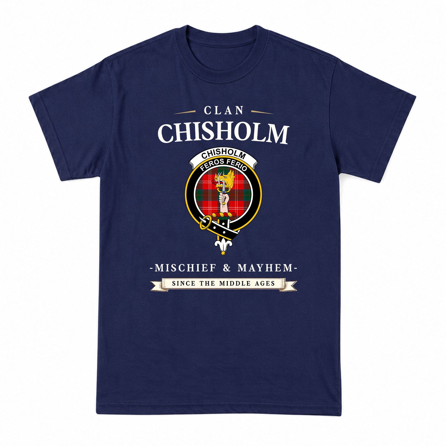 Chisholm Modern Tartan Crest Mischief and Mayhem T-shirt