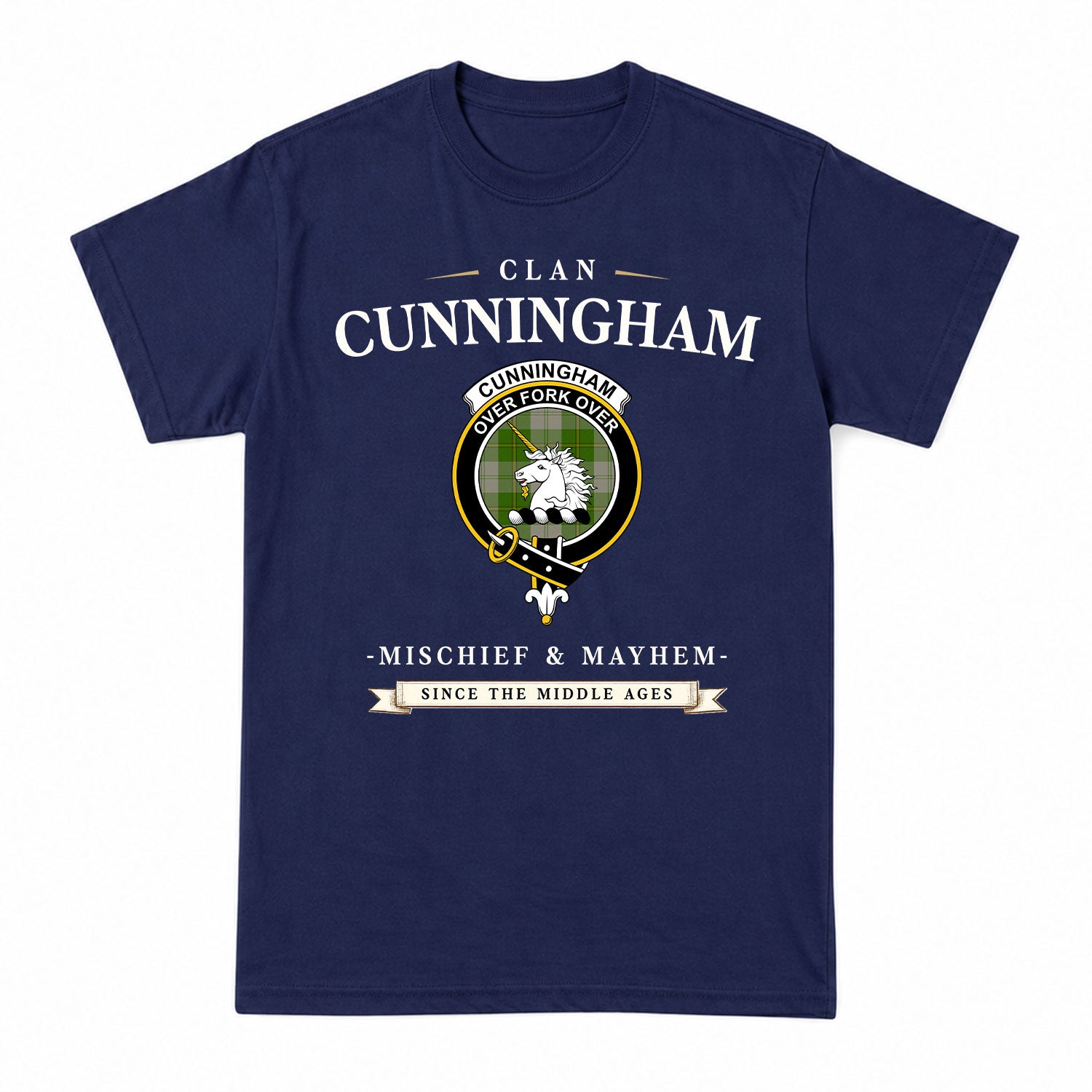 Cunningham Dress Green Dancers Tartan Crest Mischief and Mayhem T-shirt