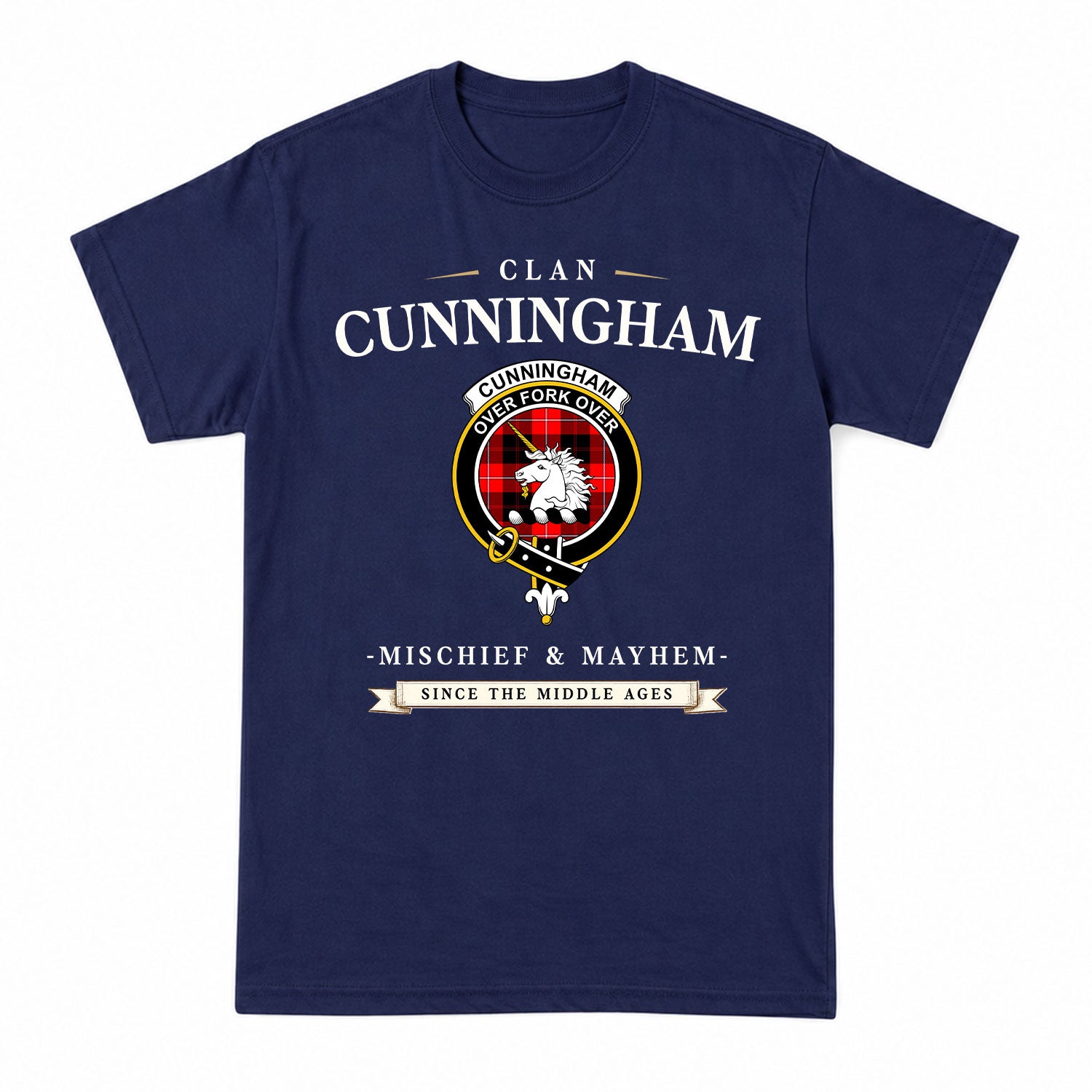 Cunningham Modern Tartan Crest Mischief and Mayhem T-shirt