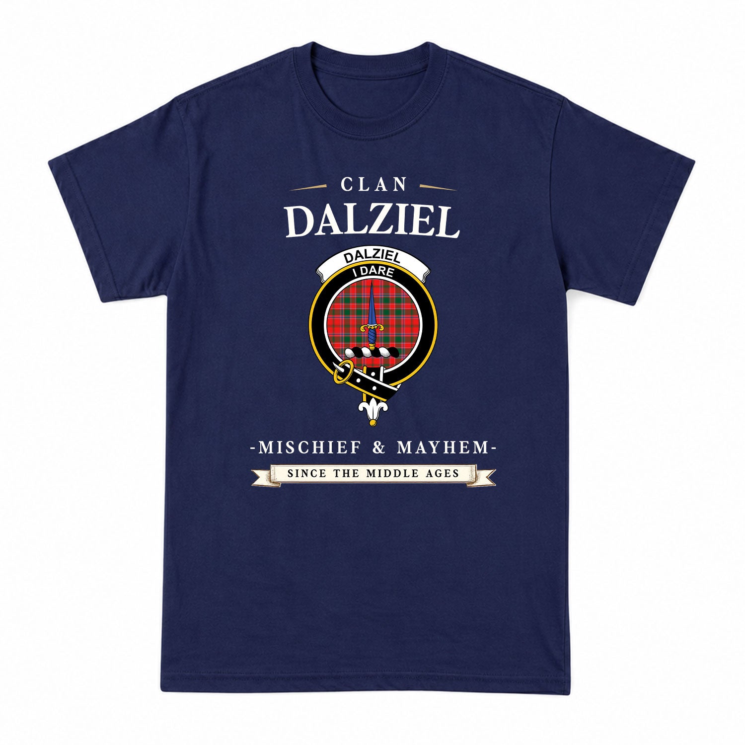 Dalziel Modern Tartan Crest Mischief and Mayhem T-shirt