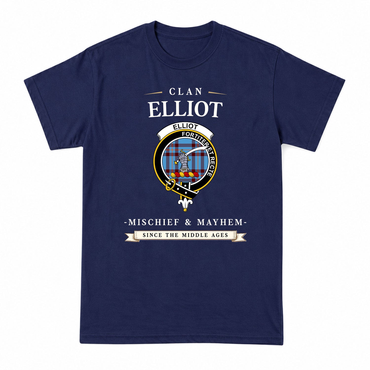 Elliot Ancient Tartan Crest Mischief and Mayhem T-shirt