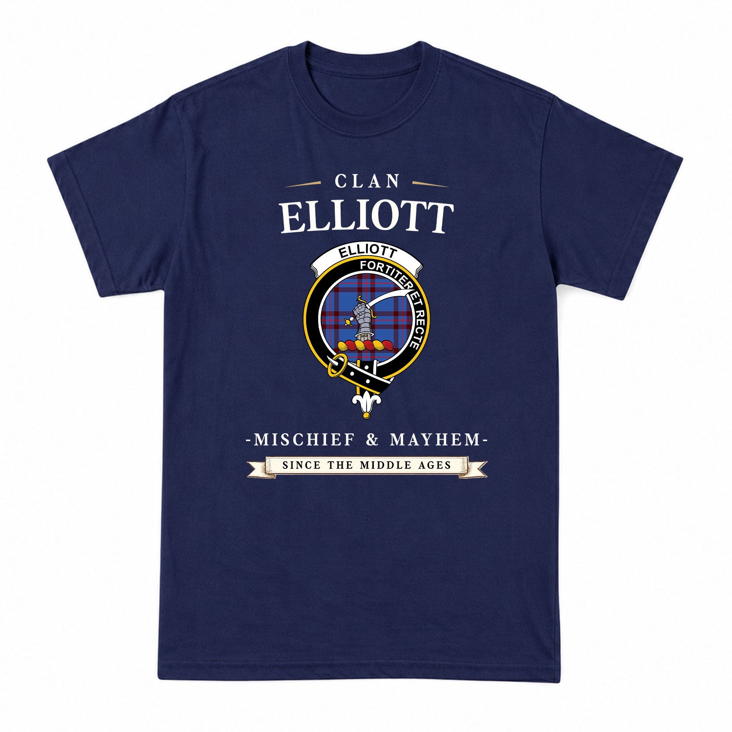 Elliott Modern Tartan Crest Mischief and Mayhem T-shirt