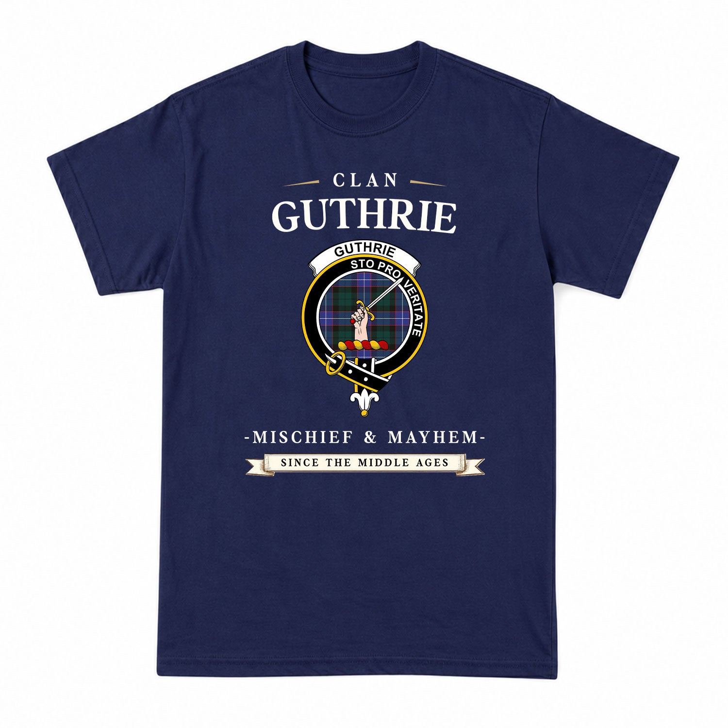 Guthrie Modern Tartan Crest Mischief and Mayhem T-shirt
