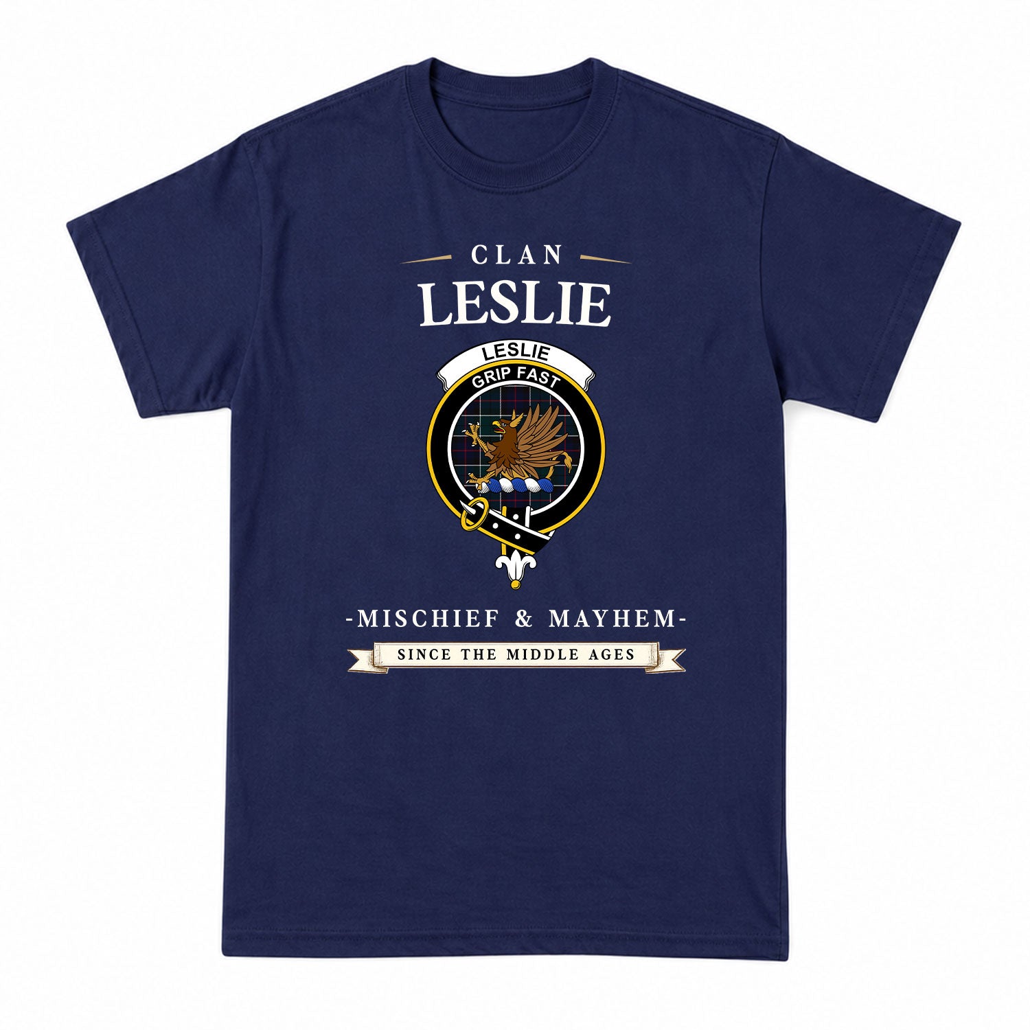 Leslie Hunting Modern Tartan Crest Mischief and Mayhem T-shirt