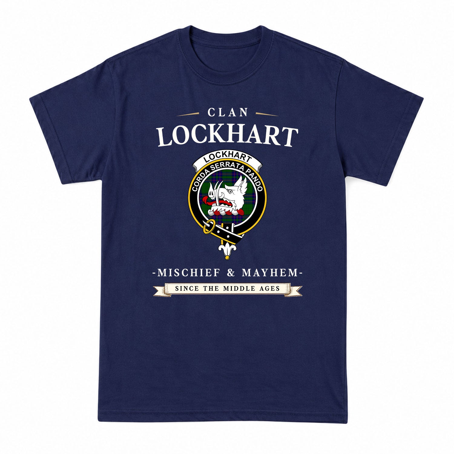 Lockhart Modern Tartan Crest Mischief and Mayhem T-shirt