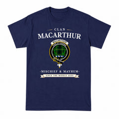 MacArthur Modern Tartan Crest Mischief and Mayhem T-shirt