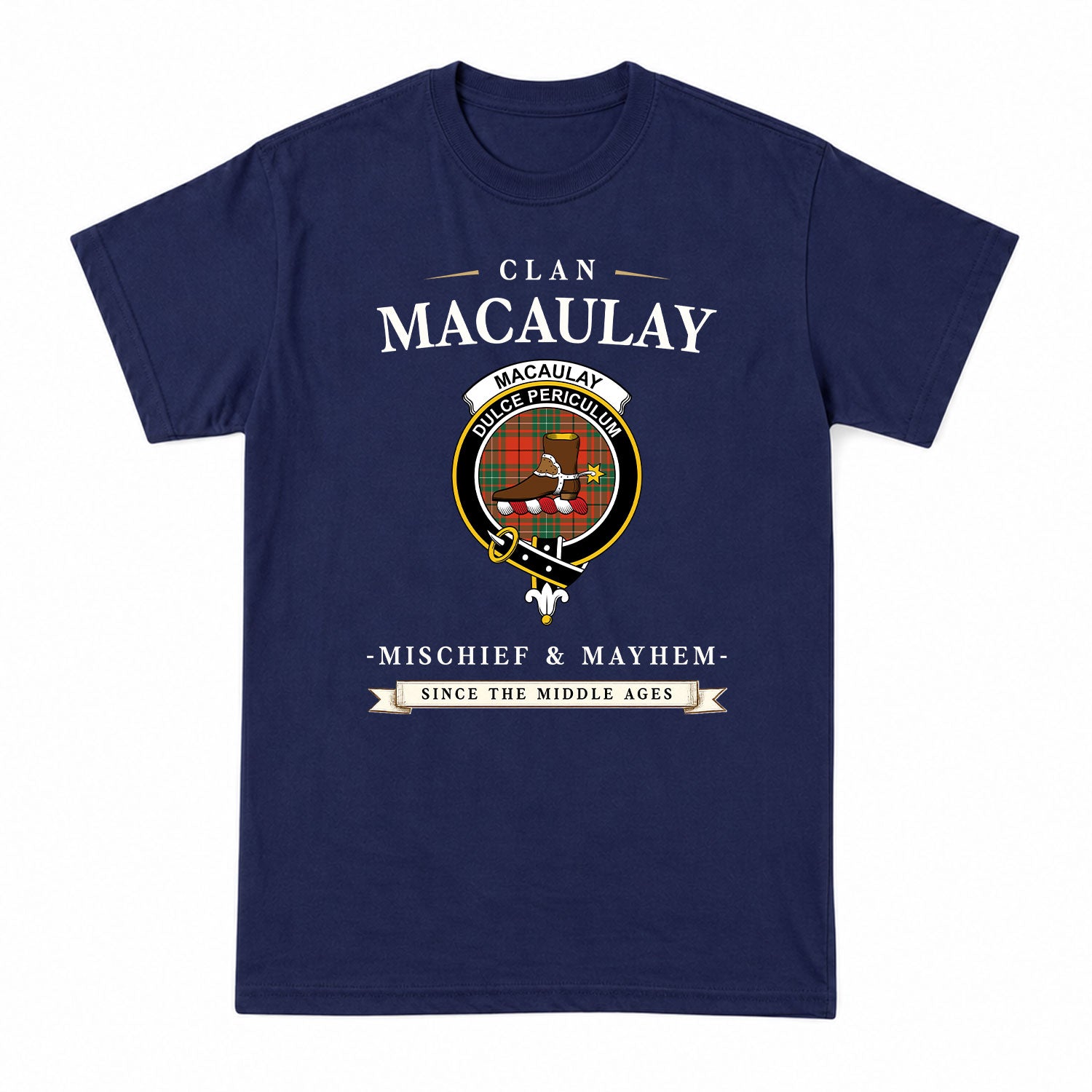 MacAulay Ancient Tartan Crest Mischief and Mayhem T-shirt