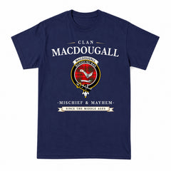 MacDougall Modern Tartan Crest Mischief and Mayhem T-shirt