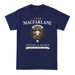 MacFarlane Hunting Modern Tartan Crest Mischief and Mayhem T-shirt