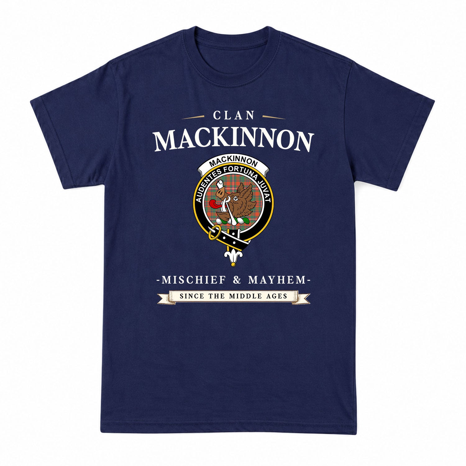 MacKinnon Ancient Tartan Crest Mischief and Mayhem T-shirt