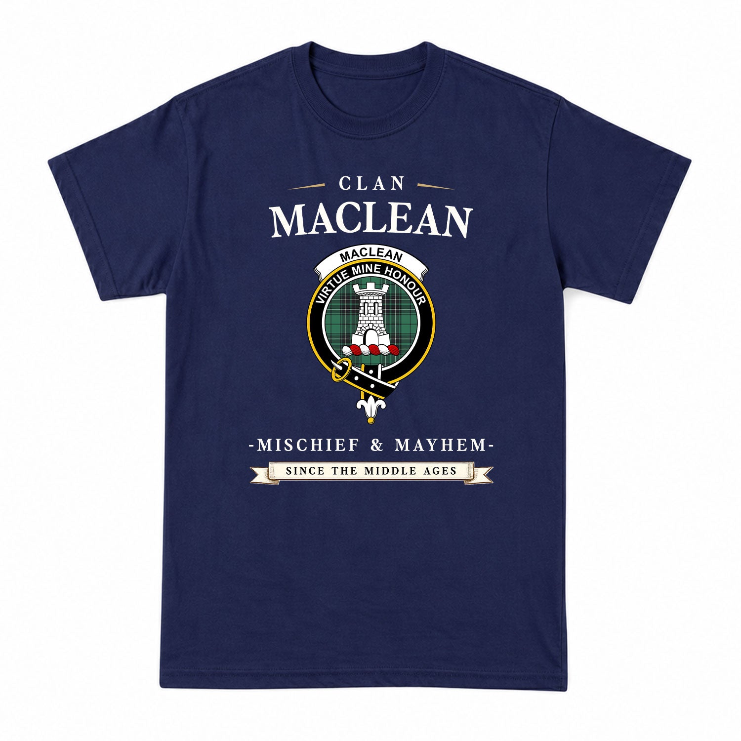 MacLean Hunting Ancient Tartan Crest Mischief and Mayhem T-shirt