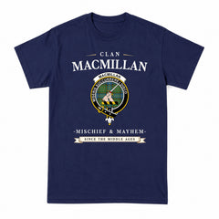MacMillan Hunting Ancient Tartan Crest Mischief and Mayhem T-shirt