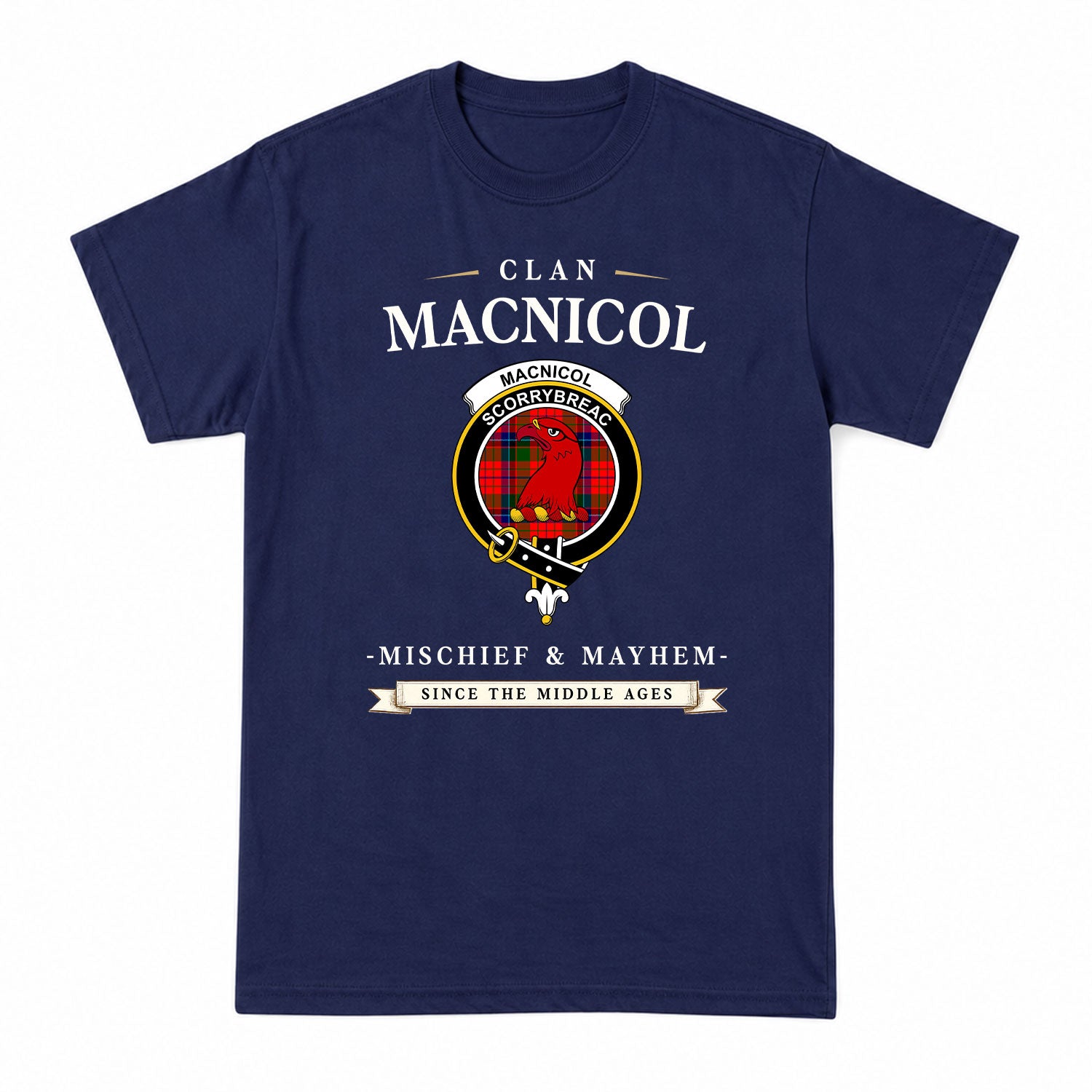 MacNicol (of Scorrybreac) Tartan Crest Mischief and Mayhem T-shirt