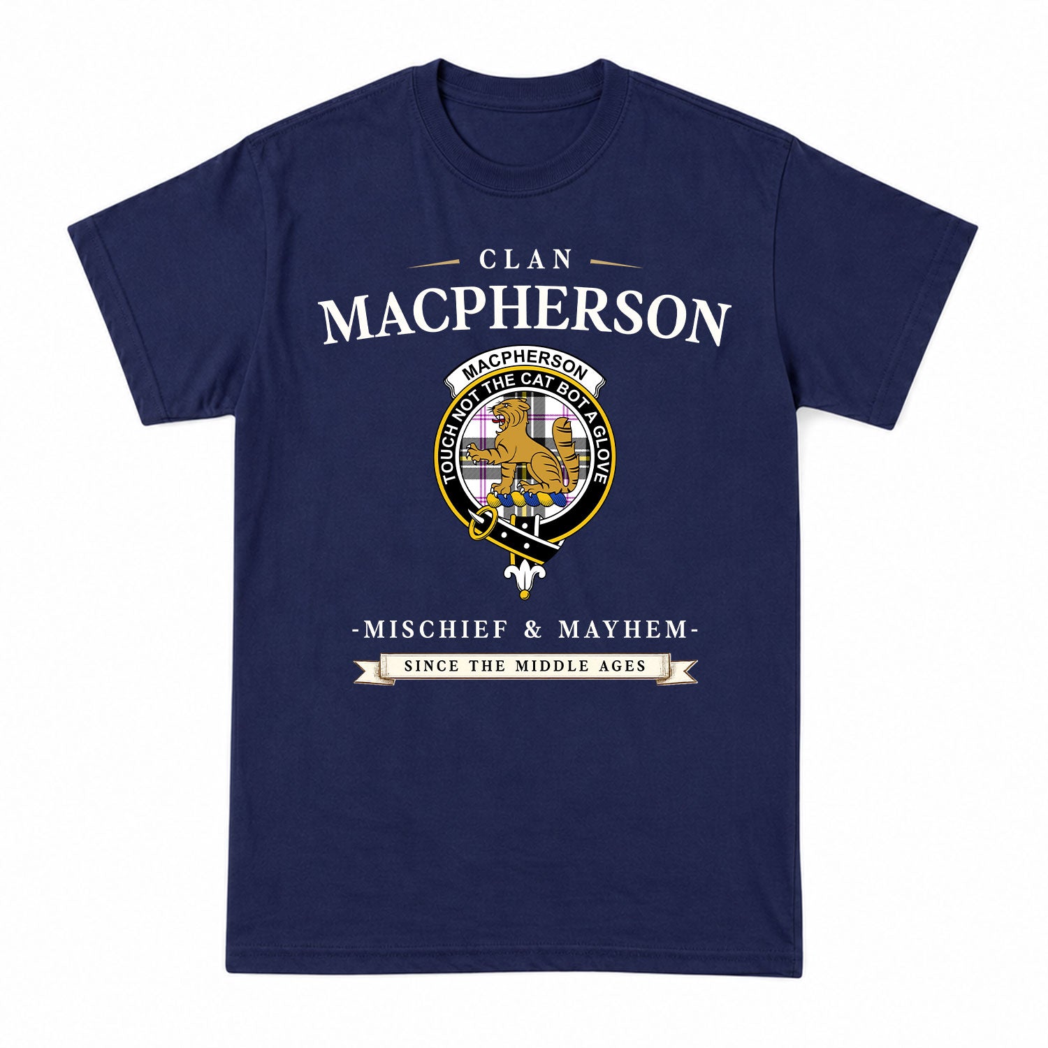 MacPherson Dress Modern Tartan Crest Mischief and Mayhem T-shirt