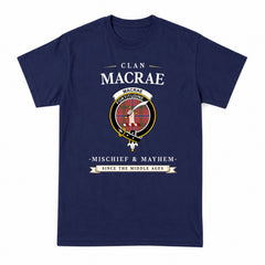 MacRae Ancient Tartan Crest Mischief and Mayhem T-shirt