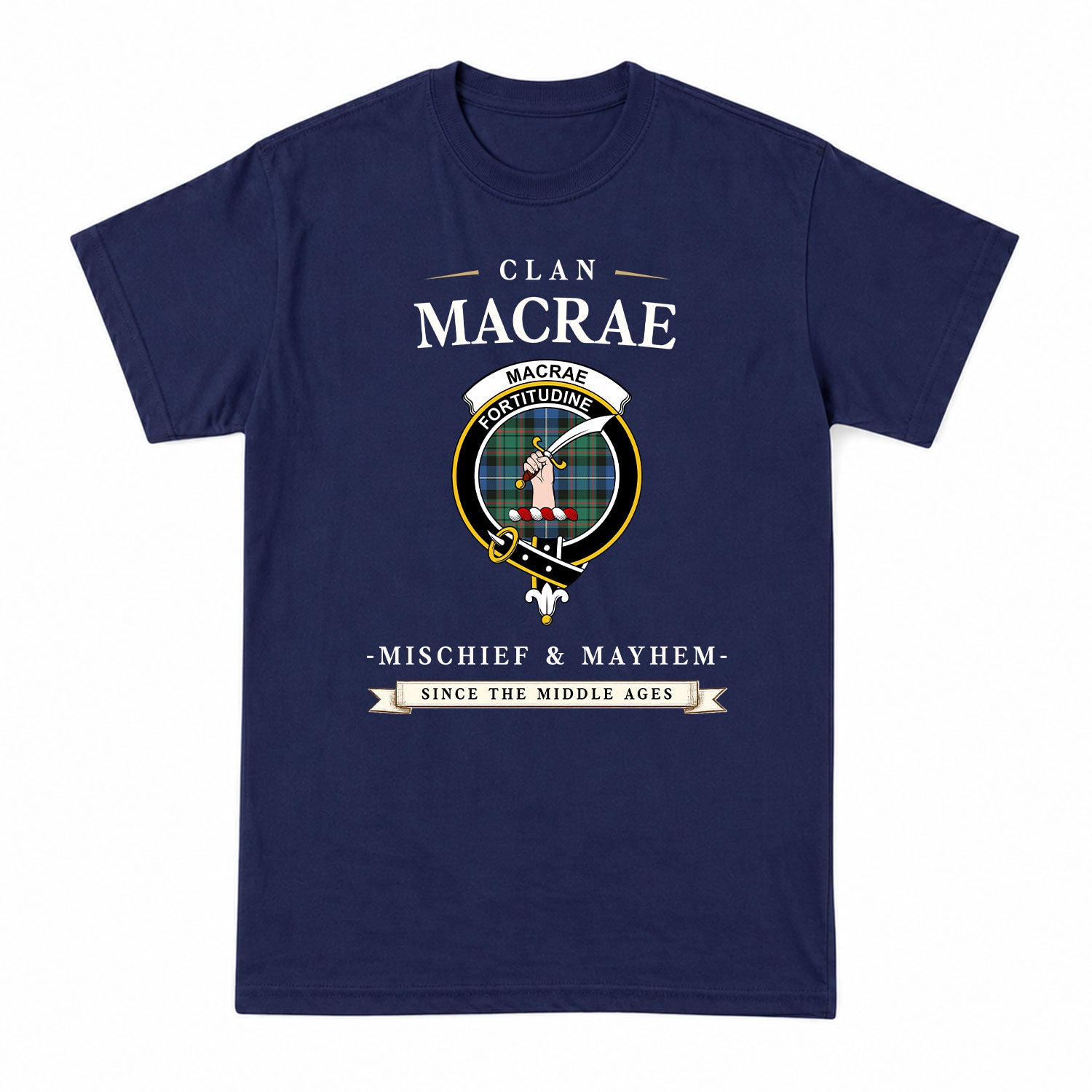 MacRae Hunting Ancient Tartan Crest Mischief and Mayhem T-shirt