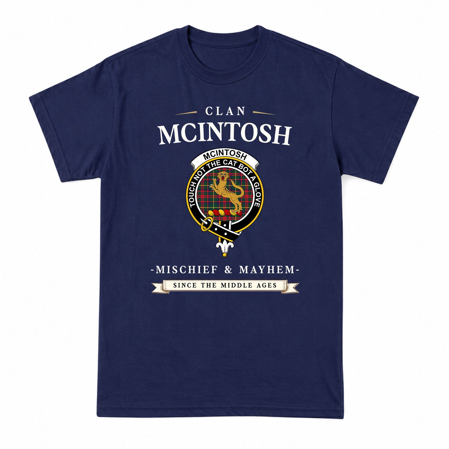 McIntosh Hunting Modern Tartan Crest Mischief and Mayhem T-shirt