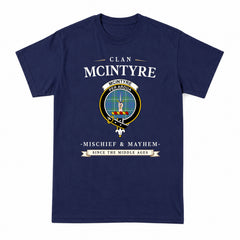 McIntyre Hunting Ancient Tartan Crest Mischief and Mayhem T-shirt