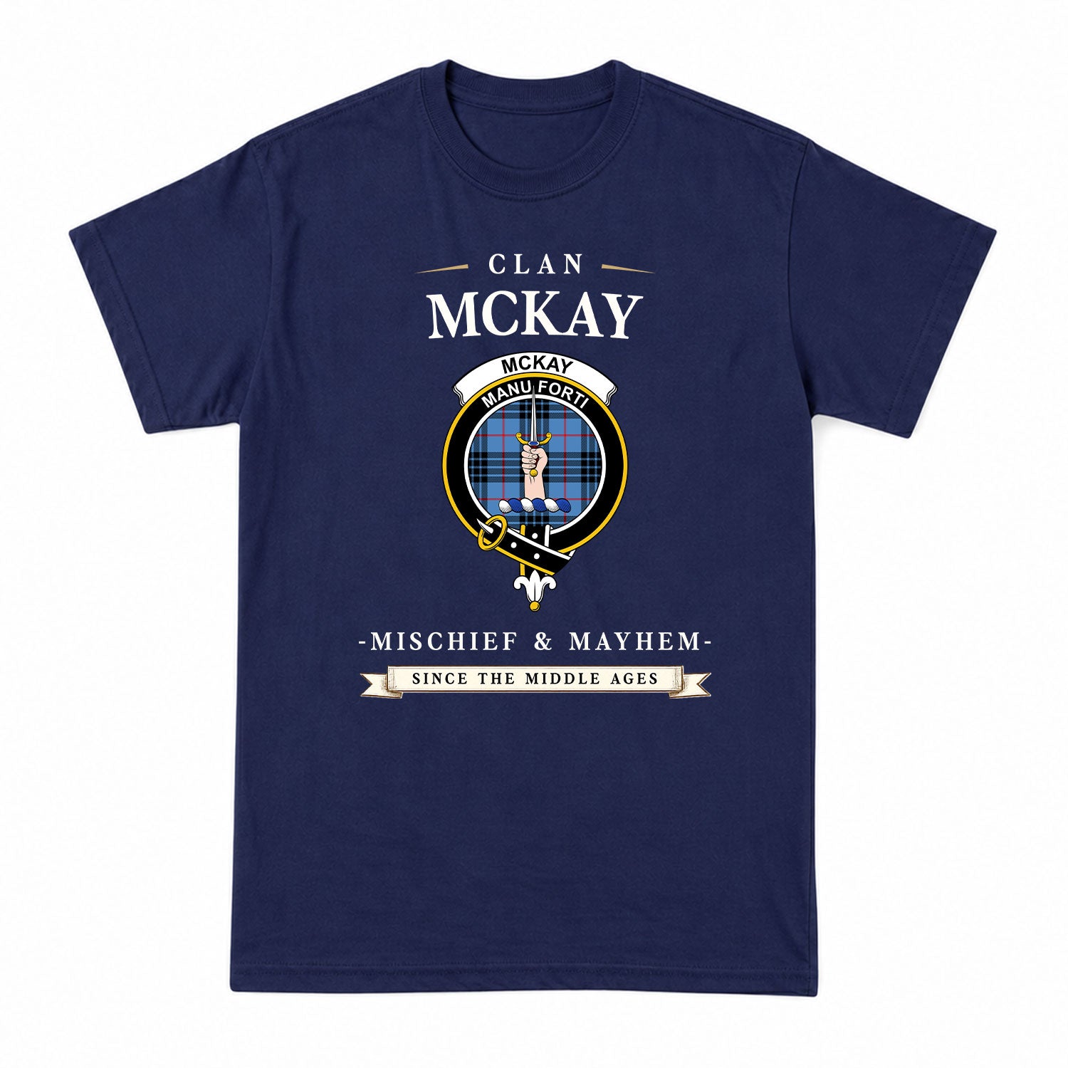 McKay Blue Tartan Crest Mischief and Mayhem T-shirt