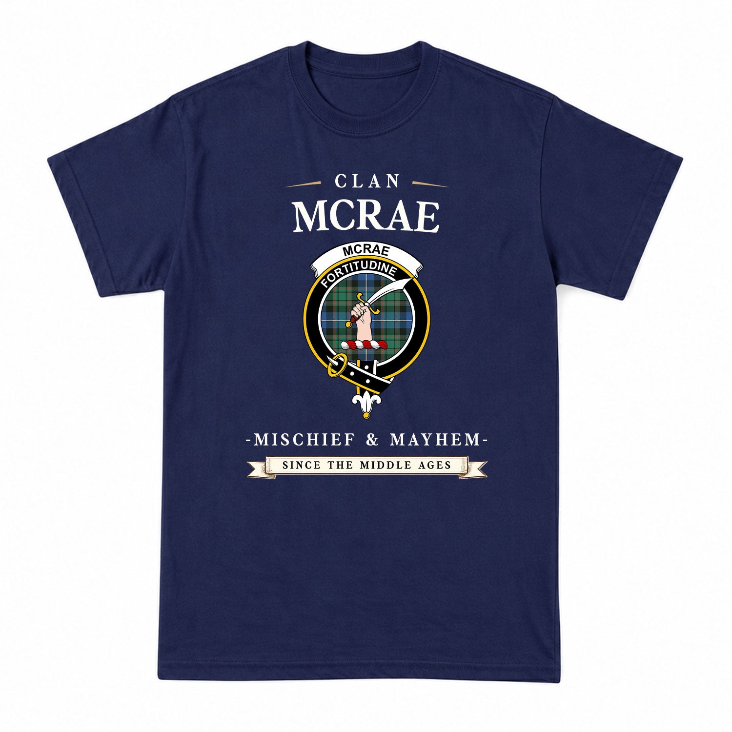McRae Hunting Ancient Tartan Crest Mischief and Mayhem T-shirt
