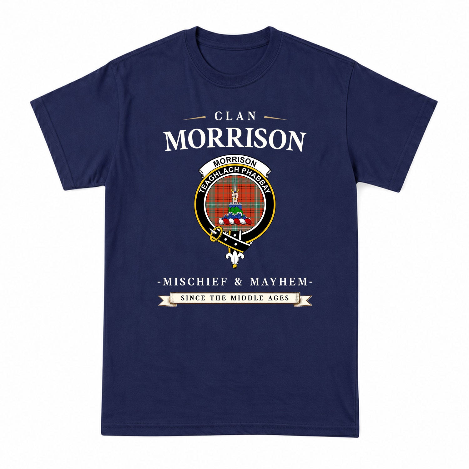 Morrison Red Ancient Tartan Crest Mischief and Mayhem T-shirt
