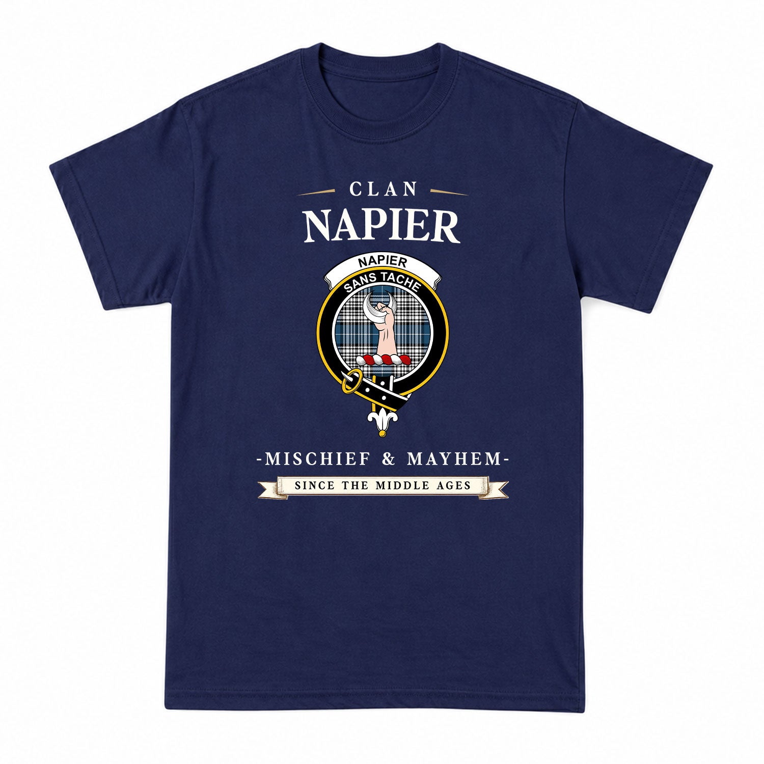 Napier Modern Tartan Crest Mischief and Mayhem T-shirt