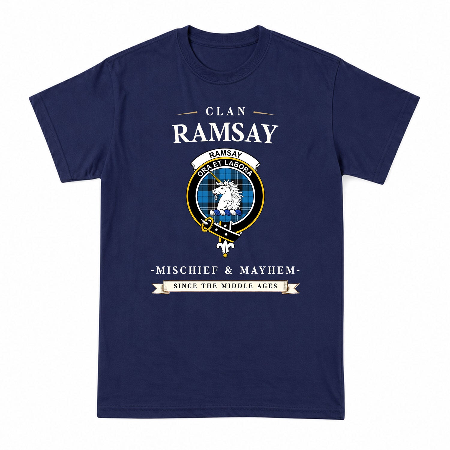 Ramsay Blue Ancient Tartan Crest Mischief and Mayhem T-shirt