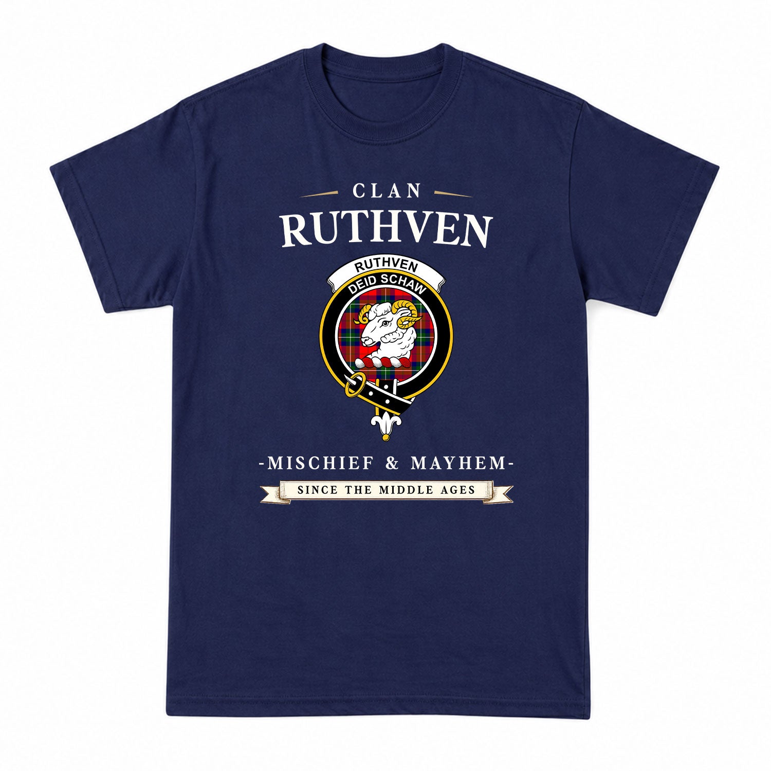 Ruthven Modern Tartan Crest Mischief and Mayhem T-shirt