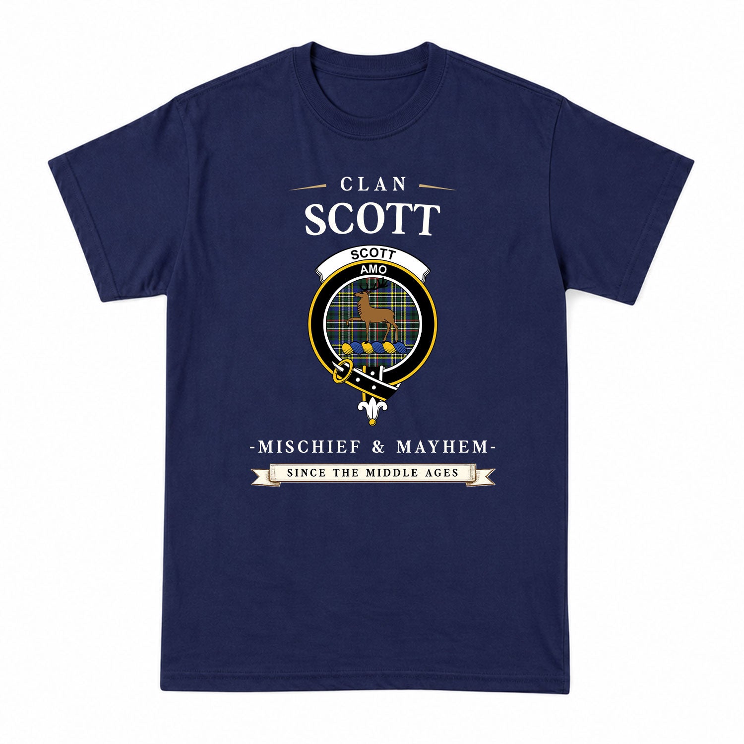 Scott Green Modern Tartan Crest Mischief and Mayhem T-shirt