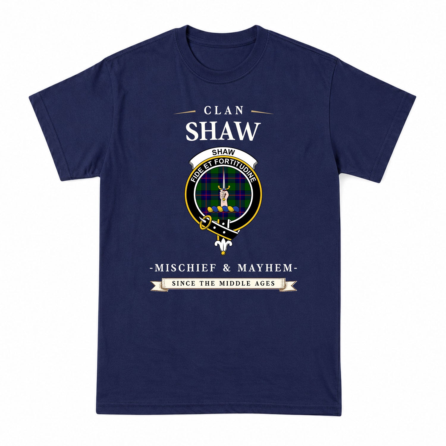 Shaw Modern Tartan Crest Mischief and Mayhem T-shirt