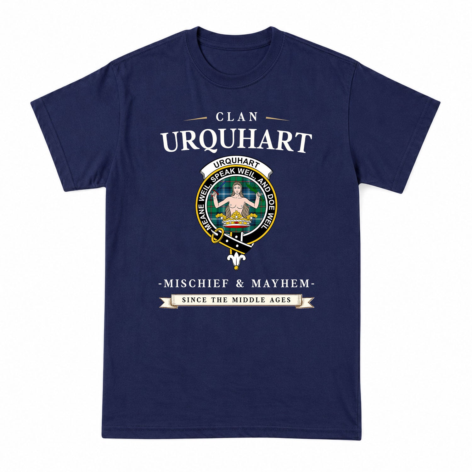 Urquhart Ancient Tartan Crest Mischief and Mayhem T-shirt