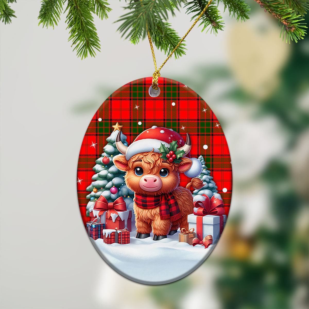 Adair Modern Tartan Christmas Ceramic Ornament - Highland Cow Winter Style