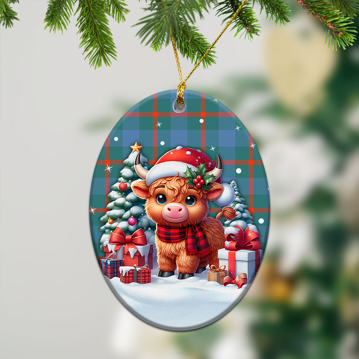 Agnew Ancient Tartan Christmas Ceramic Ornament - Highland Cow Winter Style