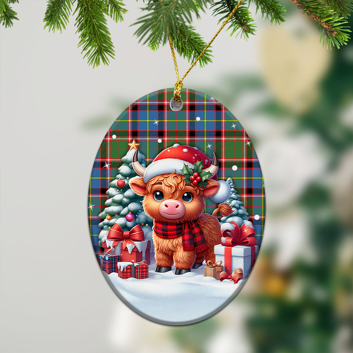 Aikenhead Tartan Christmas Ceramic Ornament - Highland Cow Winter Style