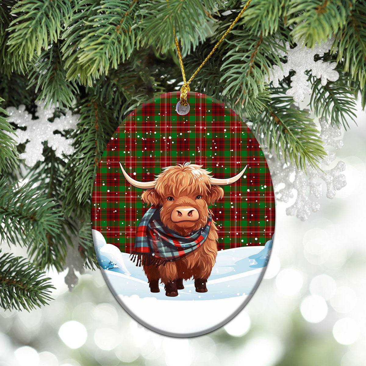 Ainslie Tartan Christmas Ceramic Ornament - Highland Cows Snow Style