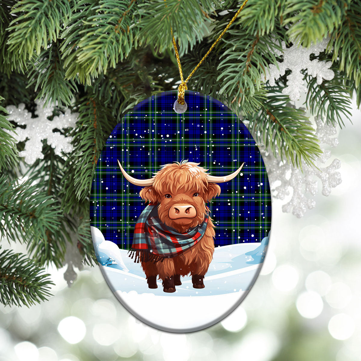 Arbuthnot Modern Tartan Christmas Ceramic Ornament - Highland Cows Snow Style