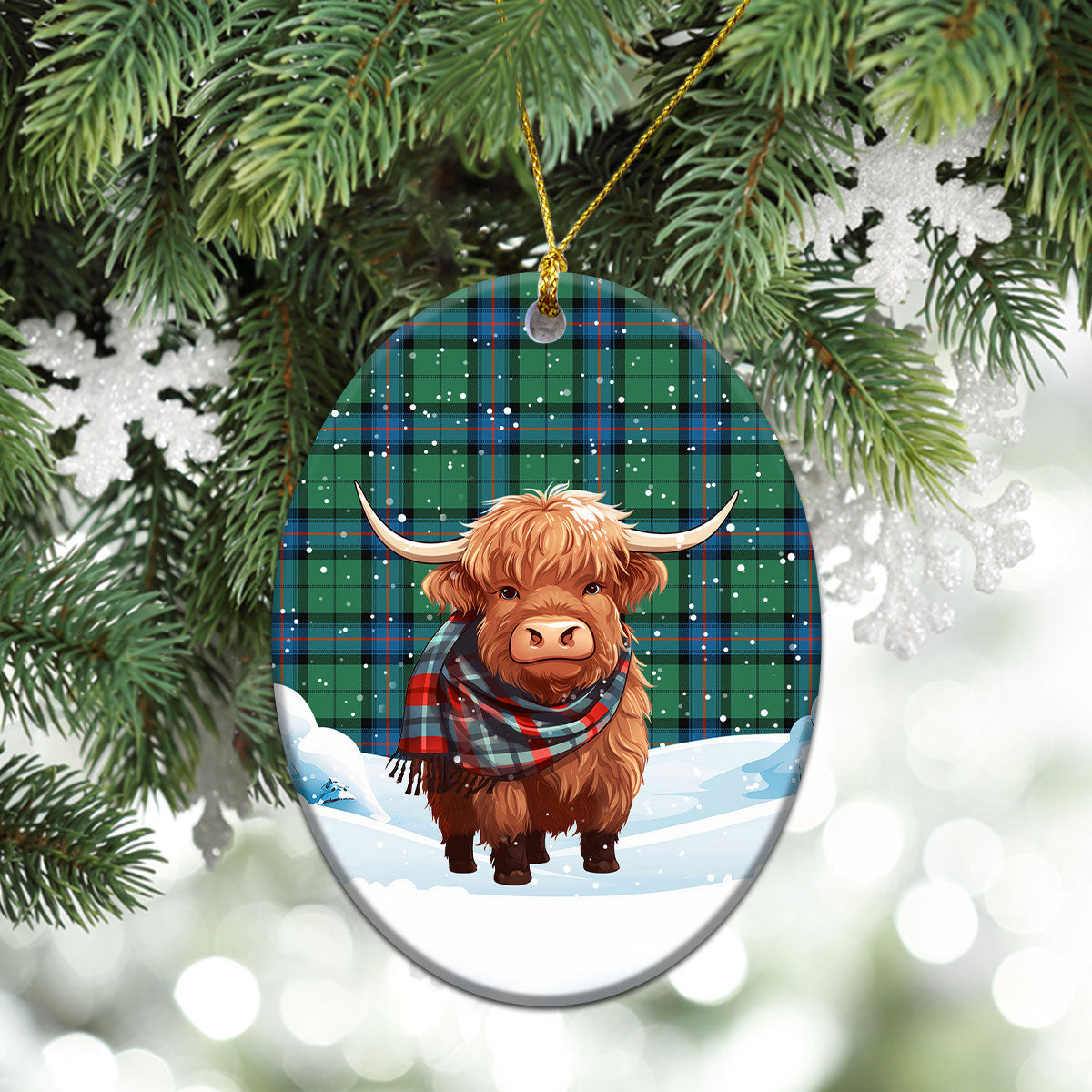 Armstrong Ancient Tartan Christmas Ceramic Ornament - Highland Cows Snow Style