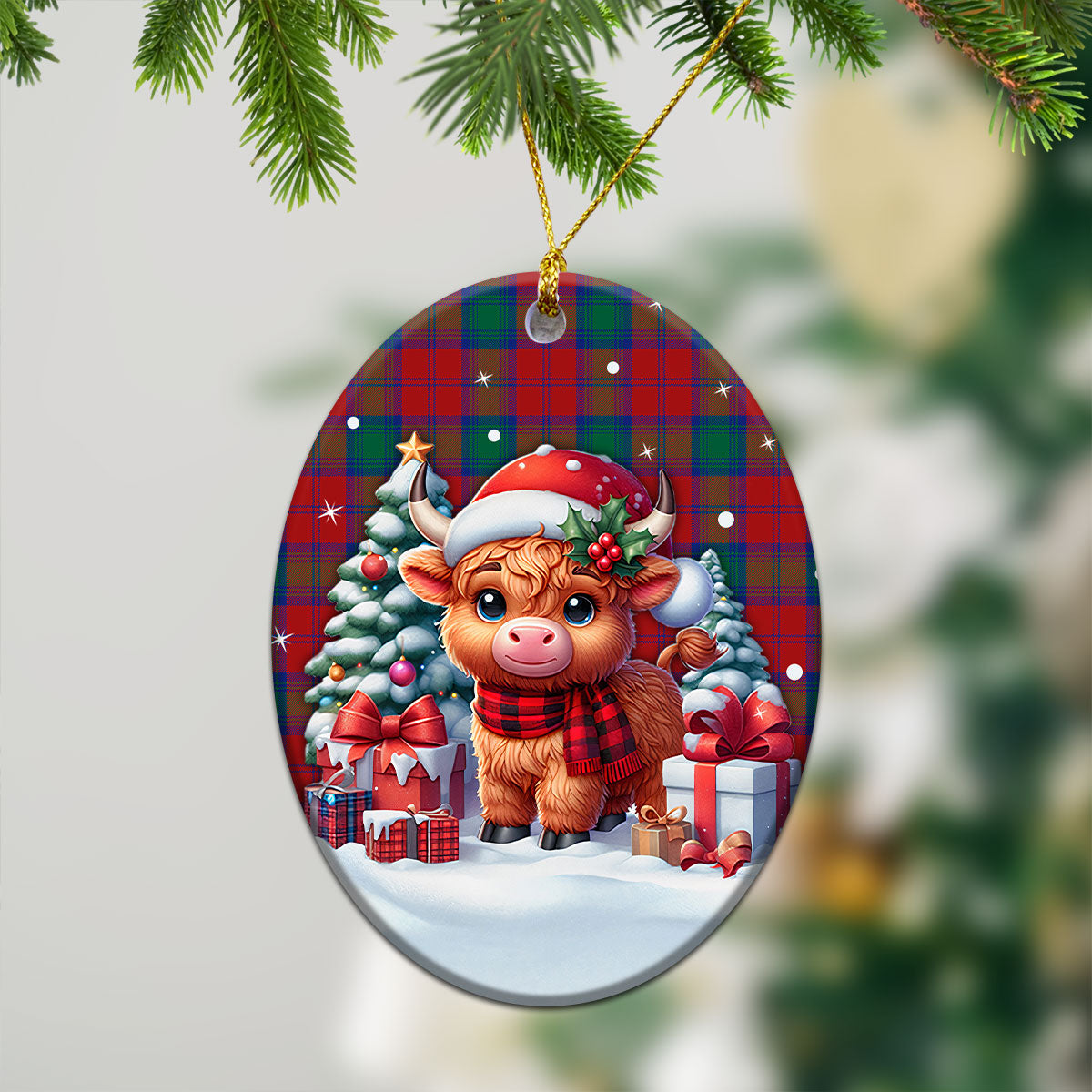 Auchinleck Tartan Christmas Ceramic Ornament - Highland Cow Winter Style