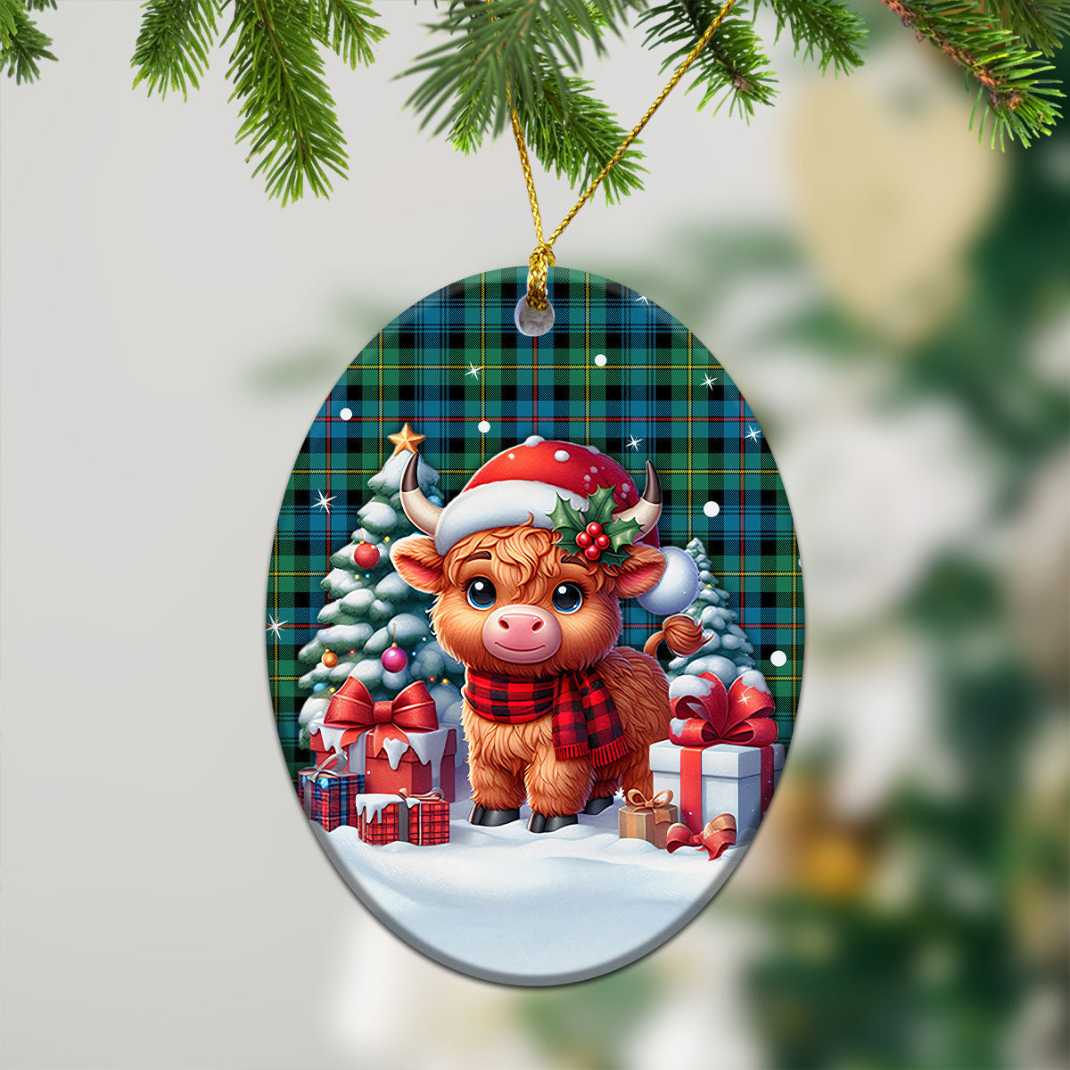 Baillie Ancient Tartan Christmas Ceramic Ornament - Highland Cow Winter Style