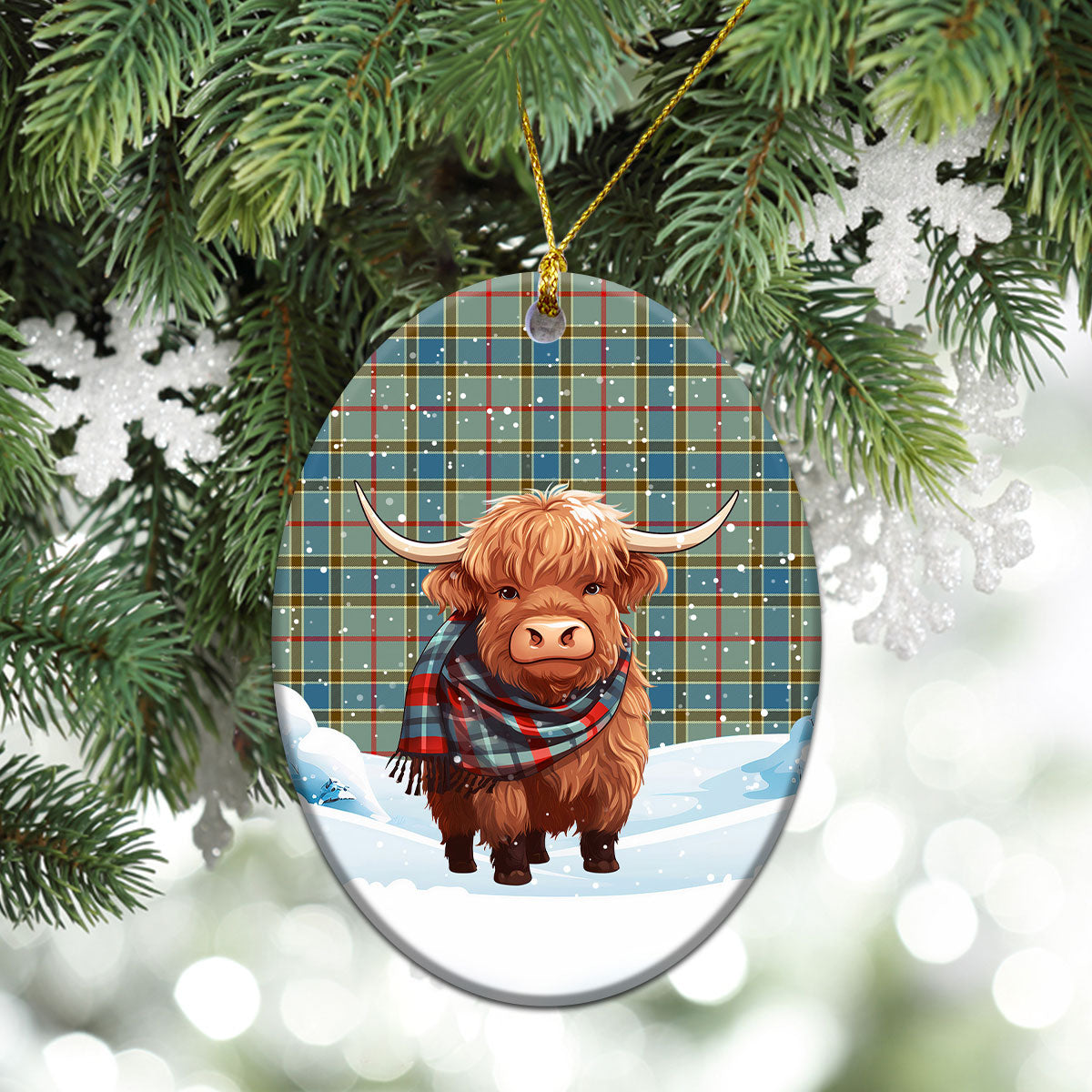 Balfour Blue Tartan Christmas Ceramic Ornament - Highland Cows Snow Style