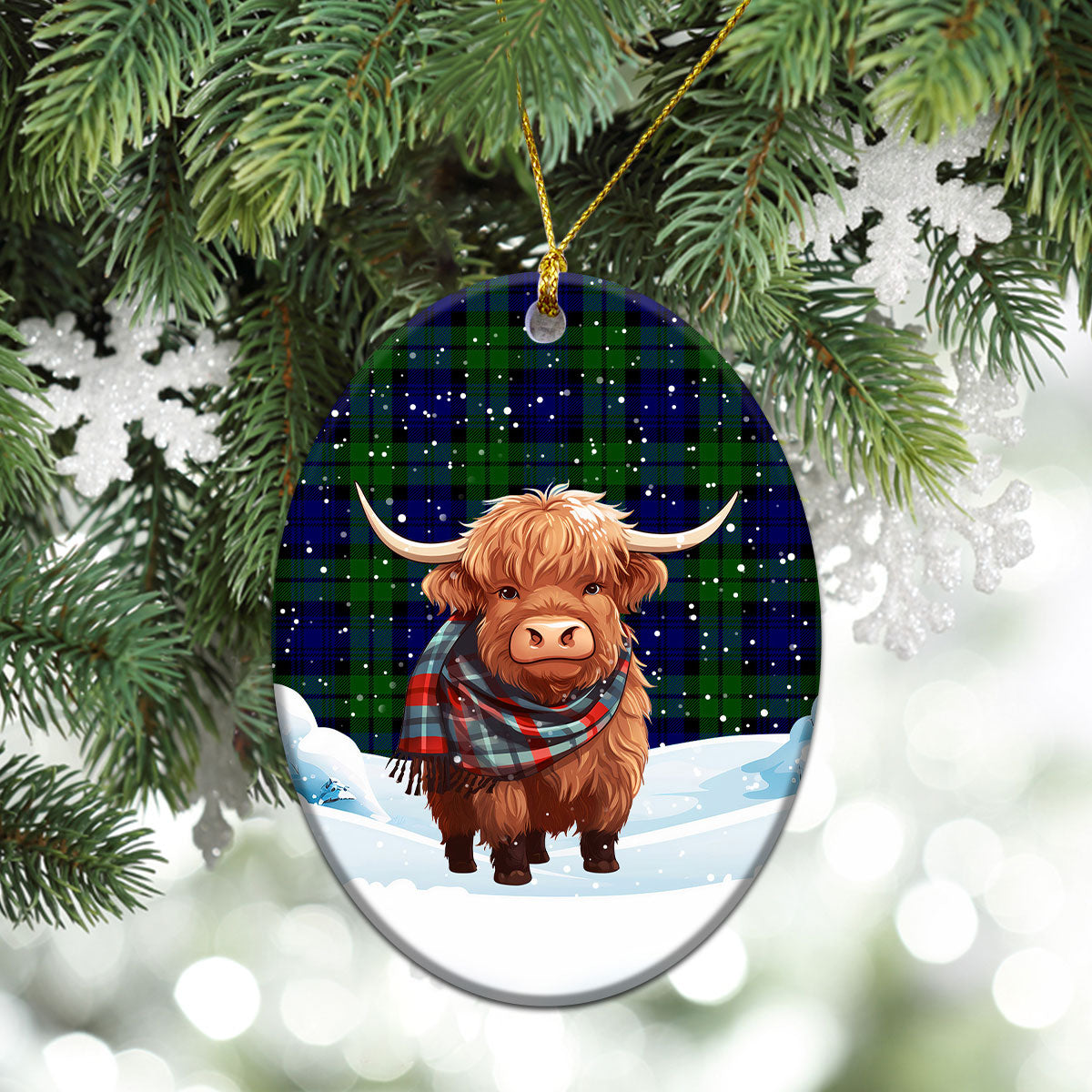 Bannatyne Tartan Christmas Ceramic Ornament - Highland Cows Snow Style