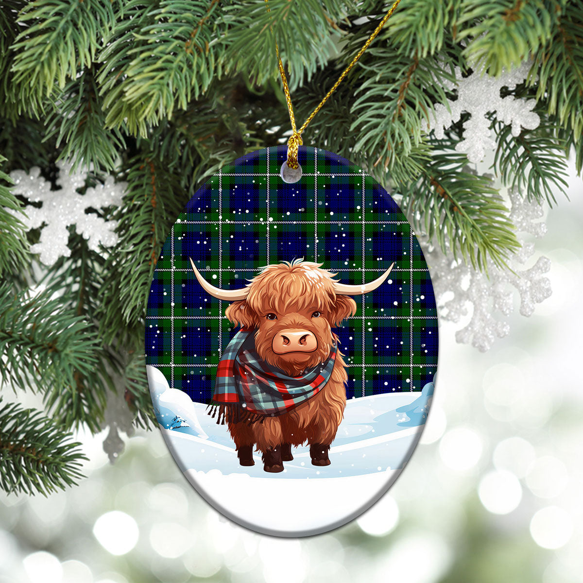 Bannerman Tartan Christmas Ceramic Ornament - Highland Cows Snow Style