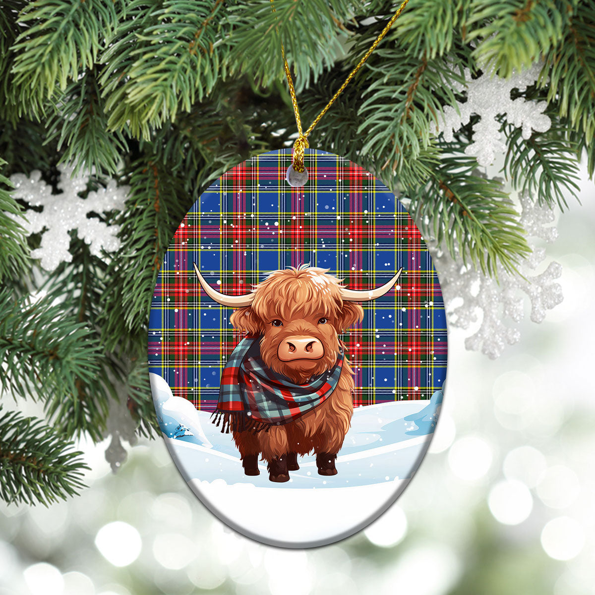 Beaton Modern Tartan Christmas Ceramic Ornament - Highland Cows Snow Style