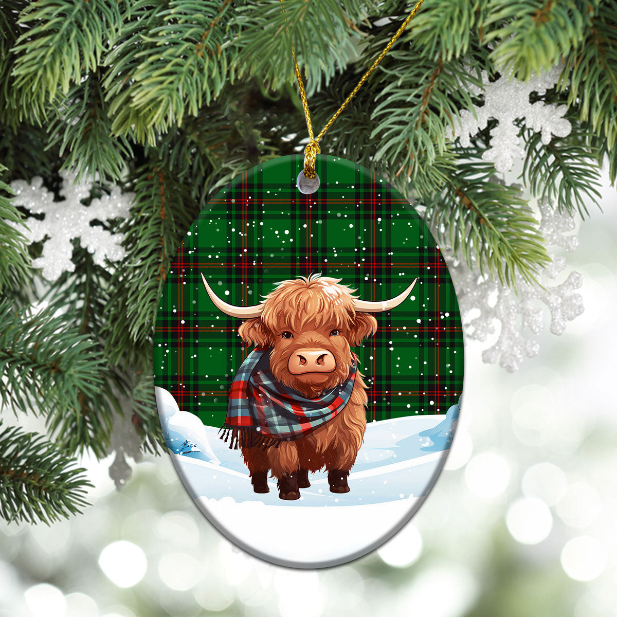 Beveridge Tartan Christmas Ceramic Ornament - Highland Cows Snow Style