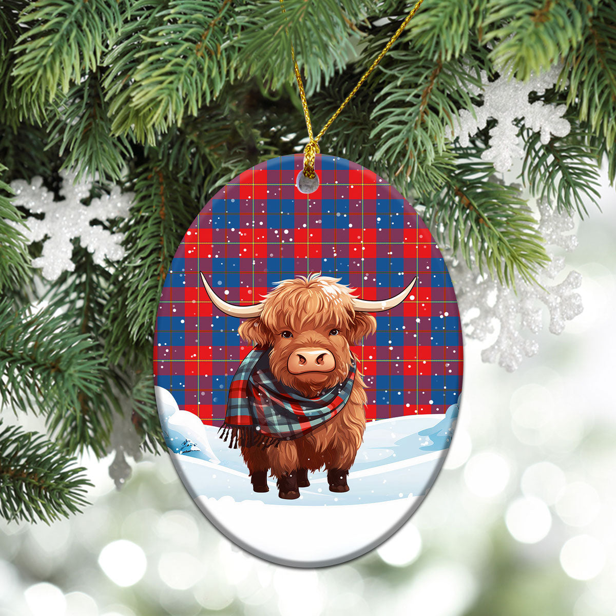 Blane Tartan Christmas Ceramic Ornament - Highland Cows Snow Style